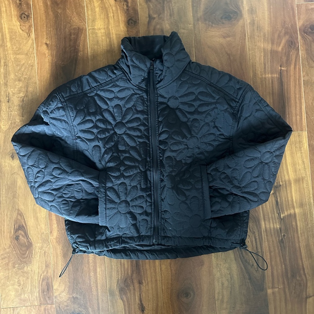 Black Quilted Floral Packable Lightweight Jacket